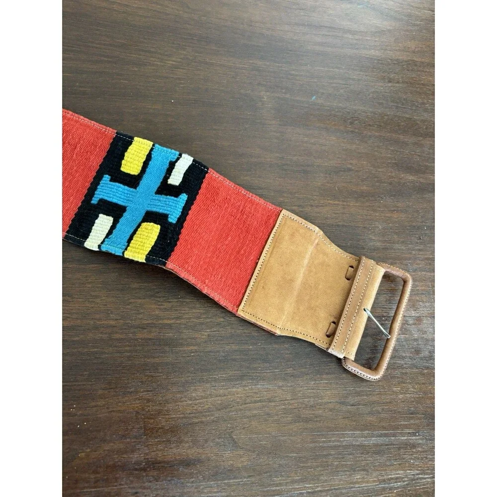 Vintage Women's 4 inch Belt Handcrafted Guatemalan Woven Leather Folk Belt Boho